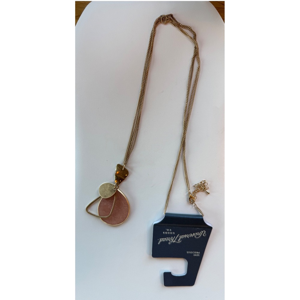 Universal Thread Semi Precious Geometric Pendant Necklace Gold Tone Pink Stone